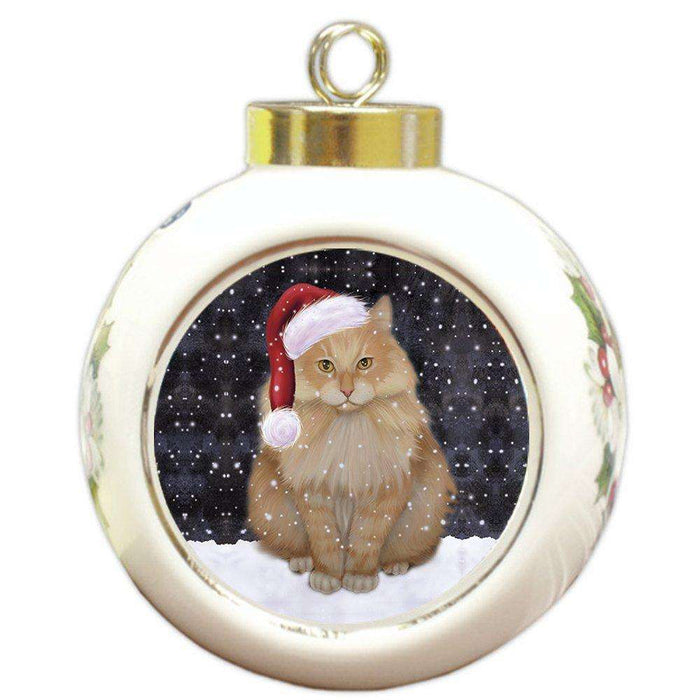Let it Snow Christmas Holiday Siberian Cat Wearing Santa Hat Round Ball Ornament D240