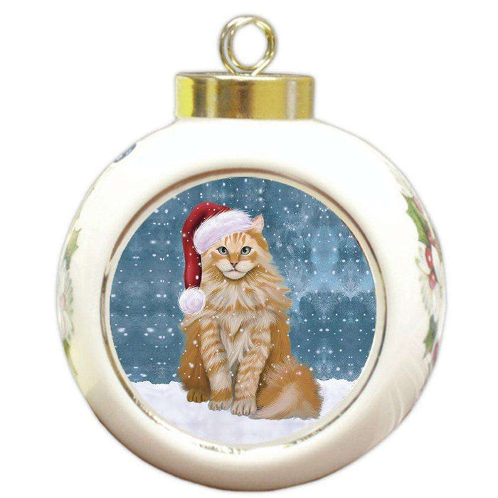 Let it Snow Christmas Holiday Siberian Cat Wearing Santa Hat Round Ball Ornament D241