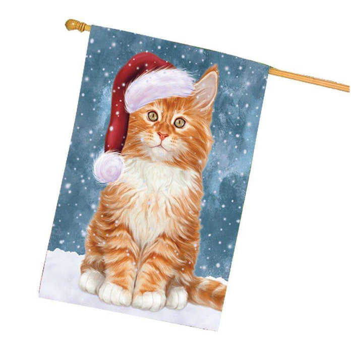 Let it Snow Christmas Holiday Tabby Cat Wearing Santa Hat House Flag