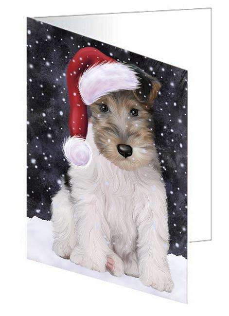 Let it Snow Christmas Holiday Wire Fox Terrier Dog Wearing Santa Hat Handmade Artwork Assorted Pets Greeting Cards and Note Cards with Envelopes for All Occasions and Holiday Seasons GCD67034