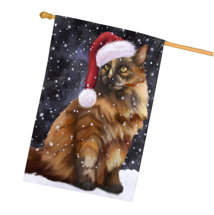 Let it Snow Christmas Holidays Tortoiseshell cat Wearing Santa Hat House Flag HFLG072
