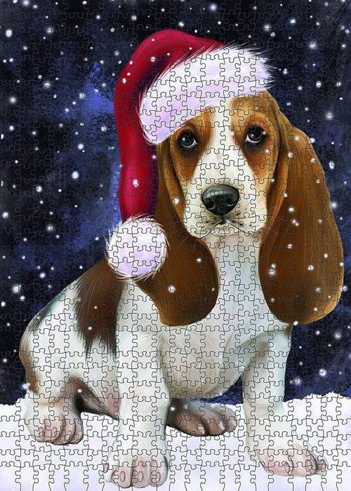 Let It Snow Happy Holidays Basset Hound Dog Christmas Puzzle with Photo Tin PUZL375