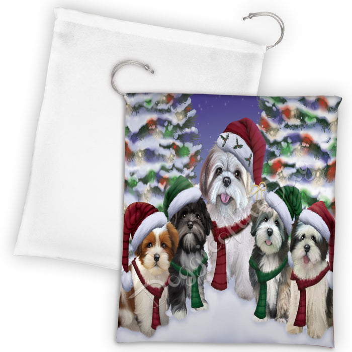 Lhasa Apso Dogs Christmas Family Portrait in Holiday Scenic Background Drawstring Laundry or Gift Bag LGB48156