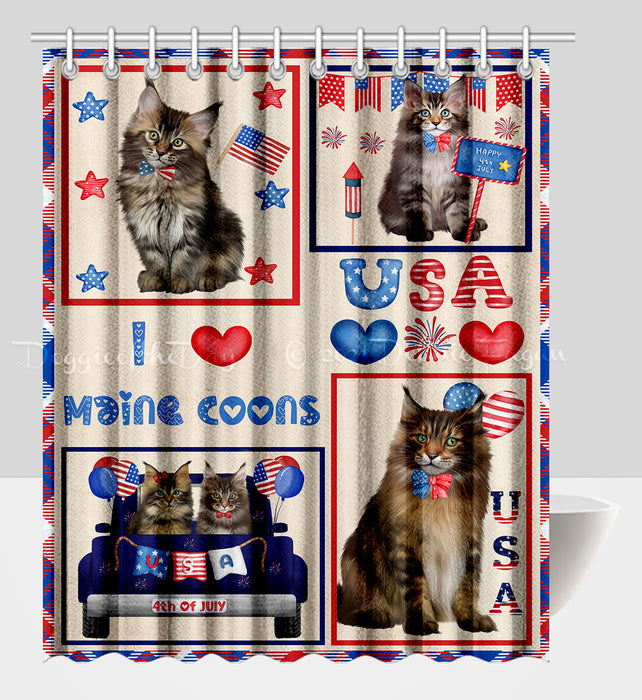 4th of July Independence Day I Love USA Maine Coon Cats Shower Curtain Pet Painting Bathtub Curtain Waterproof Polyester One-Side Printing Decor Bath Tub Curtain for Bathroom with Hooks