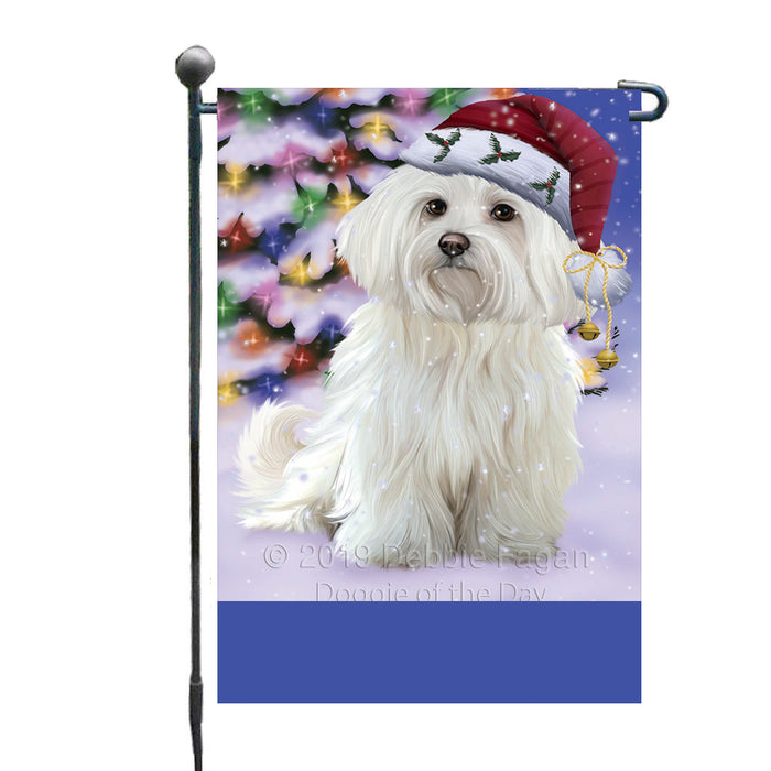 Personalized Winterland Wonderland Maltese Dog In Christmas Holiday Scenic Background Custom Garden Flags GFLG-DOTD-A61342
