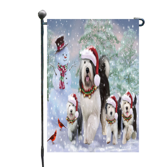 Christmas Running Family Old English Sheepdogs Garden Flags Outdoor Decor for Homes and Gardens Double Sided Garden Yard Spring Decorative Vertical Home Flags Garden Porch Lawn Flag for Decorations