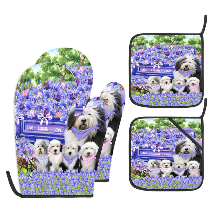 Old English Sheepdog Oven Mitts and Pot Holder Set: Kitchen Gloves for Cooking with Potholders, Custom, Personalized, Explore a Variety of Designs, Dog Lovers Gift