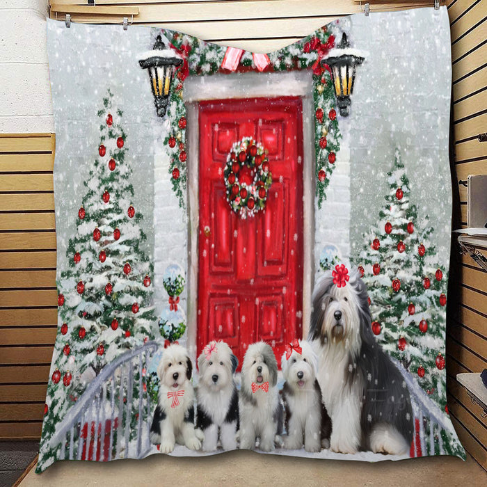Christmas Holiday Welcome Old English Sheepdogs  Quilt Bed Coverlet Bedspread - Pets Comforter Unique One-side Animal Printing - Soft Lightweight Durable Washable Polyester Quilt