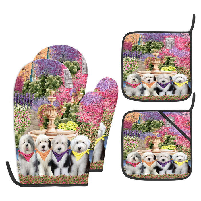 Old English Sheepdog Oven Mitts and Pot Holder Set, Kitchen Gloves for Cooking with Potholders, Explore a Variety of Designs, Personalized, Custom, Dog Moms Gift