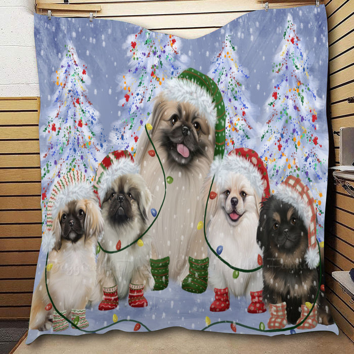 Christmas Lights and Pekingese Dogs  Quilt Bed Coverlet Bedspread - Pets Comforter Unique One-side Animal Printing - Soft Lightweight Durable Washable Polyester Quilt