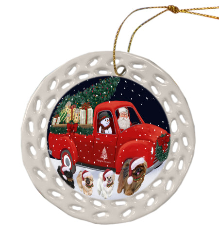 Christmas Express Delivery Red Truck Running Pekingese Dog Doily Ornament DPOR59283