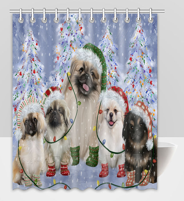 Christmas Lights and Pekingese Dogs Shower Curtain Pet Painting Bathtub Curtain Waterproof Polyester One-Side Printing Decor Bath Tub Curtain for Bathroom with Hooks