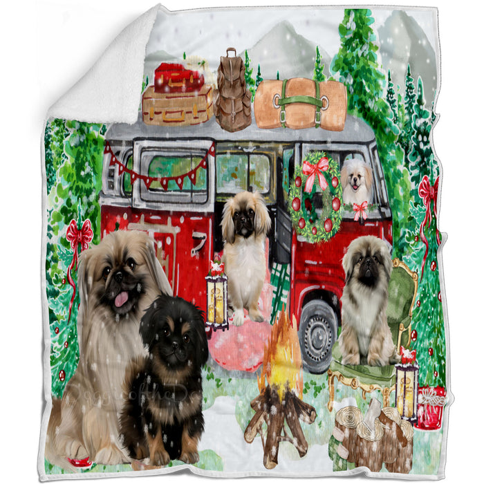 Christmas Time Camping with Pekingese Dogs Blanket - Lightweight Soft Cozy and Durable Bed Blanket - Animal Theme Fuzzy Blanket for Sofa Couch