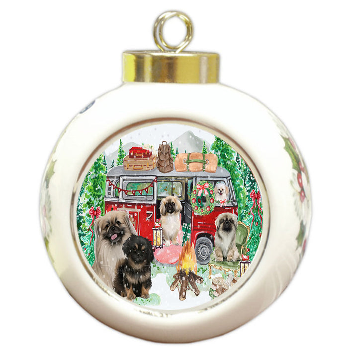 Christmas Time Camping with Pekingese Dogs Round Ball Christmas Ornament Pet Decorative Hanging Ornaments for Christmas X-mas Tree Decorations - 3" Round Ceramic Ornament