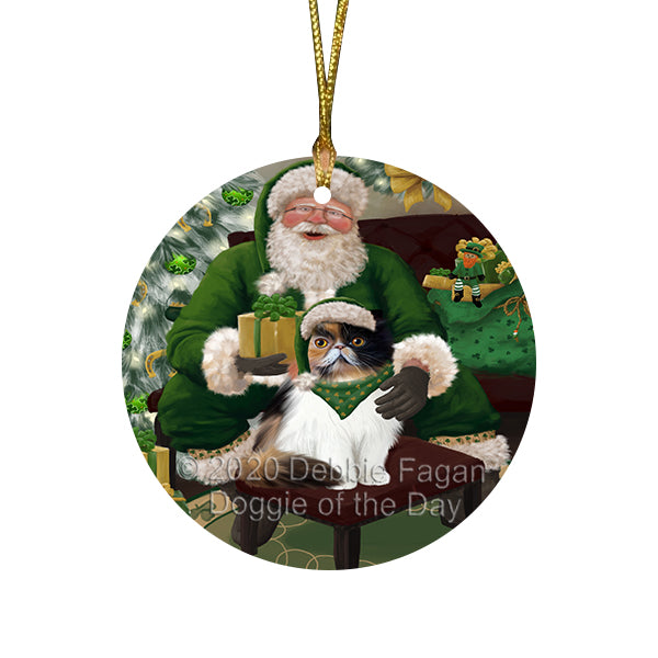 Christmas Irish Santa with Gift and Newfoundland Dog Round Flat Christmas Ornament RFPOR57944