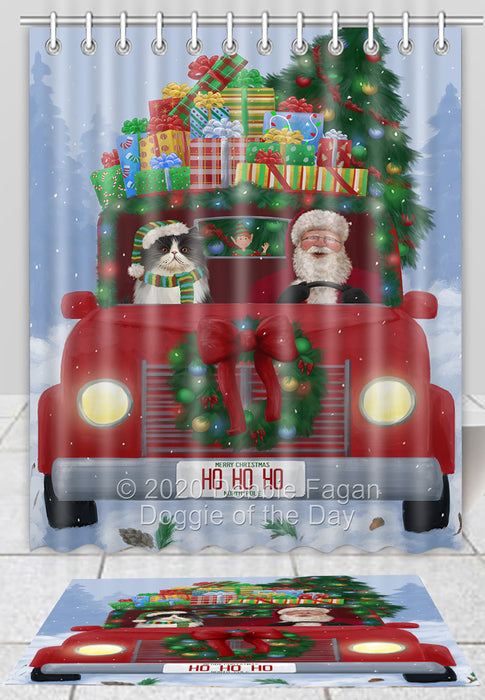 Christmas Honk Honk Red Truck Here Comes with Santa and Persian Cat Bath Mat and Shower Curtain Combo