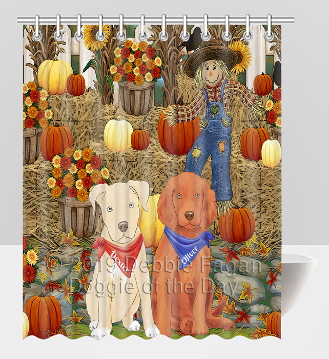 Custom Personalized Cartoonish Pet Photo and Name on Shower Curtain in Fall Festival Gathering Background