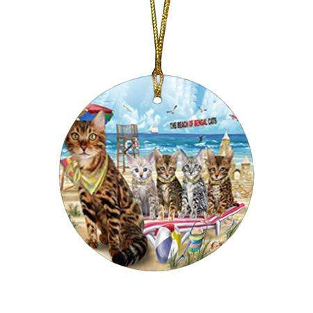 Pet Friendly Beach Bengal Cat Round Flat Christmas Ornament RFPOR51535