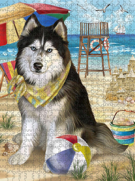 Pet Friendly Beach Siberian Husky Dog Puzzle with Photo Tin PUZL49800
