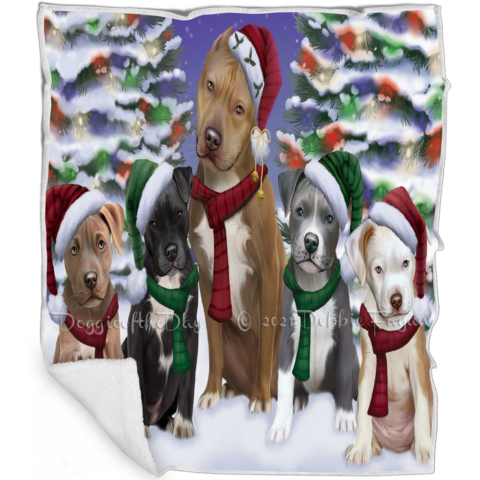 Pit Bull Dog Christmas Family Portrait in Holiday Scenic Background Art Portrait Print Woven Throw Sherpa Plush Fleece Blanket D007