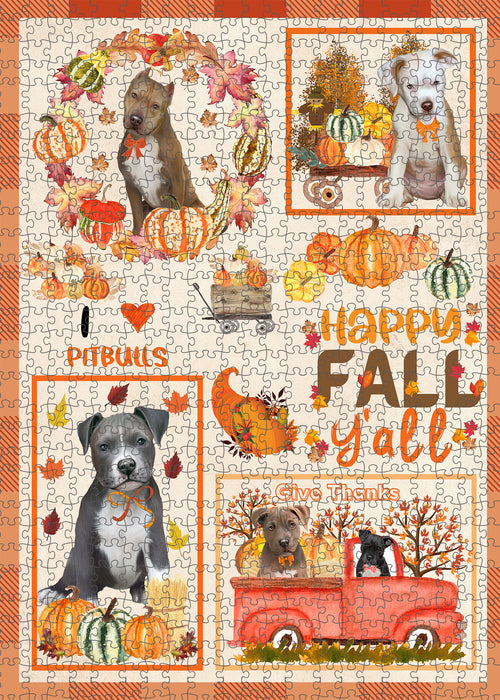 Happy Fall Y'all Pumpkin Pitbull Dogs Portrait Jigsaw Puzzle for Adults Animal Interlocking Puzzle Game Unique Gift for Dog Lover's with Metal Tin Box