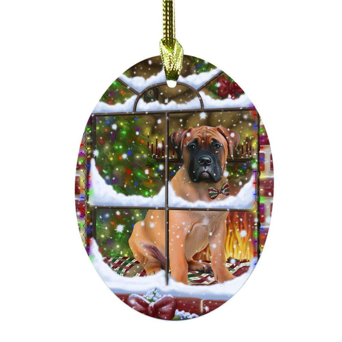 Please Come Home For Christmas Bullmastiff Dog Sitting In Window Oval Glass Christmas Ornament OGOR49148