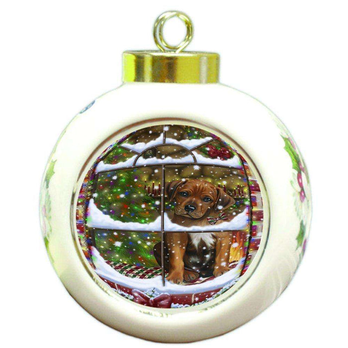 Please Come Home For Christmas Rhodesian Ridgebacks Dog Sitting In Window Round Ball Ornament D400