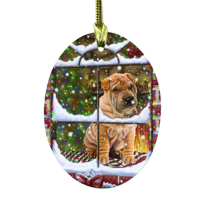 Please Come Home For Christmas Shar Pei Dog Sitting In Window Oval Glass Christmas Ornament OGOR49206