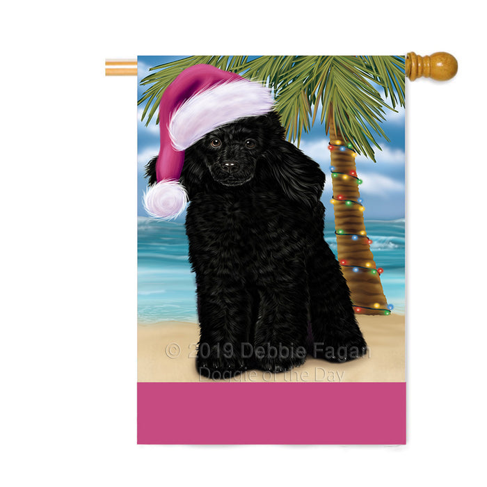 Personalized Summertime Happy Holidays Christmas Poodle Dog on Tropical Island Beach Custom House Flag FLG-DOTD-A60567