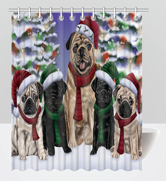 Pug Dogs Christmas Family Portrait in Holiday Scenic Background Shower Curtain
