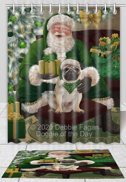 Christmas Irish Santa with Gift Pug Dog Bath Mat and Shower Curtain Combo