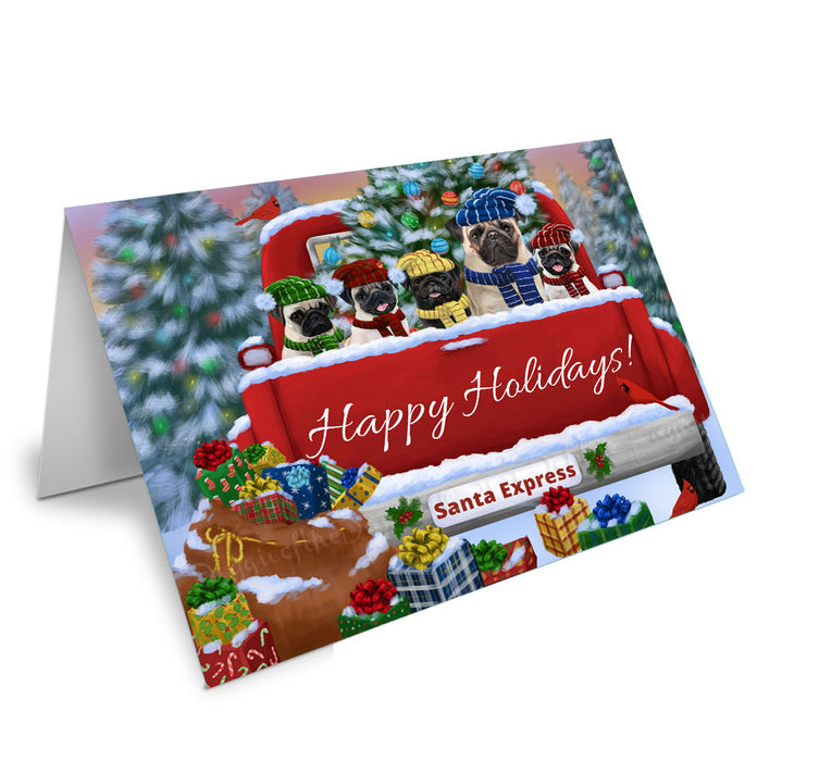 Christmas Red Truck Travlin Home for the Holidays Pug Dogs Handmade Artwork Assorted Pets Greeting Cards and Note Cards with Envelopes for All Occasions and Holiday Seasons