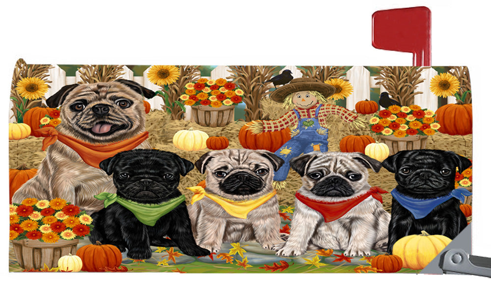 Fall Festive Harvest Time Gathering Pug Dogs 6.5 x 19 Inches Magnetic Mailbox Cover Post Box Cover Wraps Garden Yard Décor MBC49105
