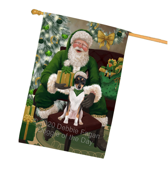 Christmas Irish Santa with Gift and Rat Terrier Dog House Flag FLG66731
