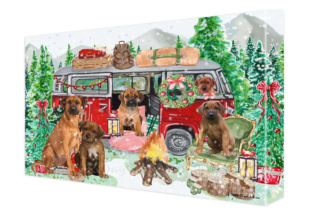 Christmas Time Camping with Rhodesian Ridgeback Dogs Canvas Wall Art - Premium Quality Ready to Hang Room Decor Wall Art Canvas - Unique Animal Printed Digital Painting for Decoration