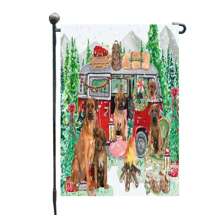 Christmas Time Camping with Rhodesian Ridgeback Dogs Garden Flags- Outdoor Double Sided Garden Yard Porch Lawn Spring Decorative Vertical Home Flags 12 1/2"w x 18"h