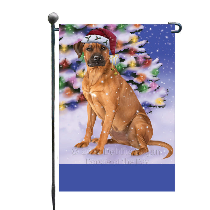 Personalized Winterland Wonderland Rhodesian Ridgeback Dog In Christmas Holiday Scenic Background Custom Garden Flags GFLG-DOTD-A61377