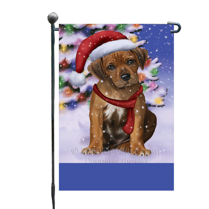 Personalized Winterland Wonderland Rhodesian Ridgeback Dog In Christmas Holiday Scenic Background Custom Garden Flags GFLG-DOTD-A61378