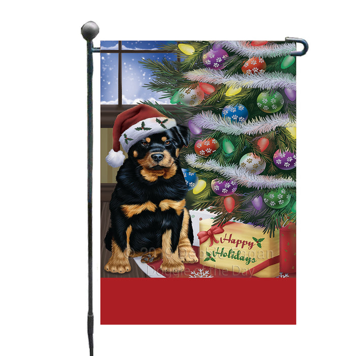 Personalized Christmas Happy Holidays Rottweiler Dog with Tree and Presents Custom Garden Flags GFLG-DOTD-A58660