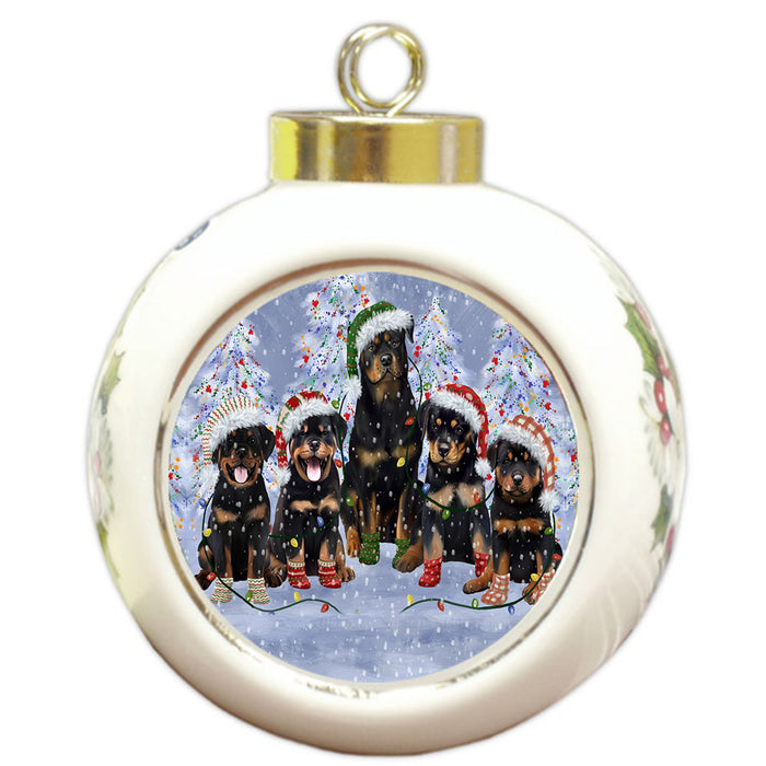 Christmas Lights and Rottweiler Dogs Round Ball Christmas Ornament Pet Decorative Hanging Ornaments for Christmas X-mas Tree Decorations - 3" Round Ceramic Ornament