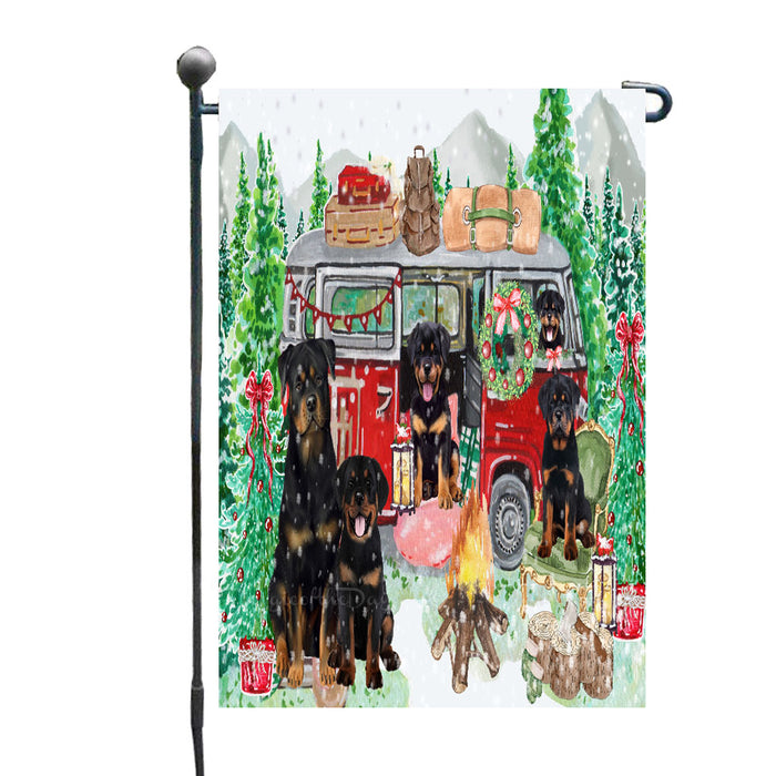Christmas Time Camping with Rottweiler Dogs Garden Flags- Outdoor Double Sided Garden Yard Porch Lawn Spring Decorative Vertical Home Flags 12 1/2"w x 18"h