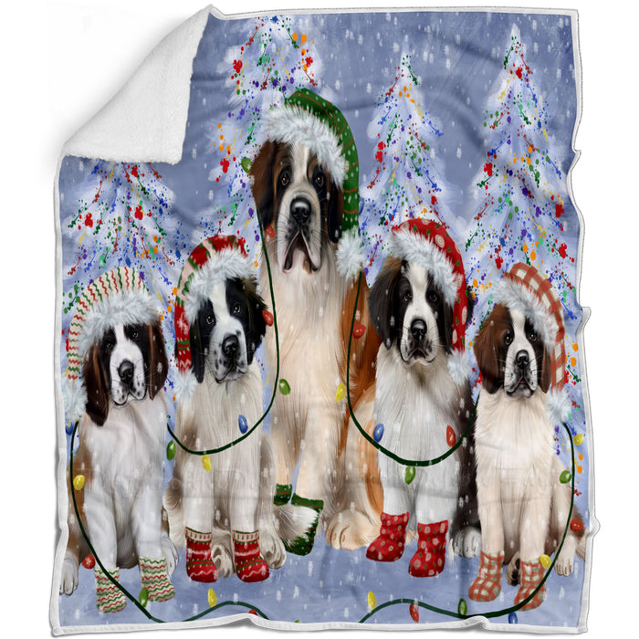 Christmas Lights and Saint Bernard Dogs Blanket - Lightweight Soft Cozy and Durable Bed Blanket - Animal Theme Fuzzy Blanket for Sofa Couch