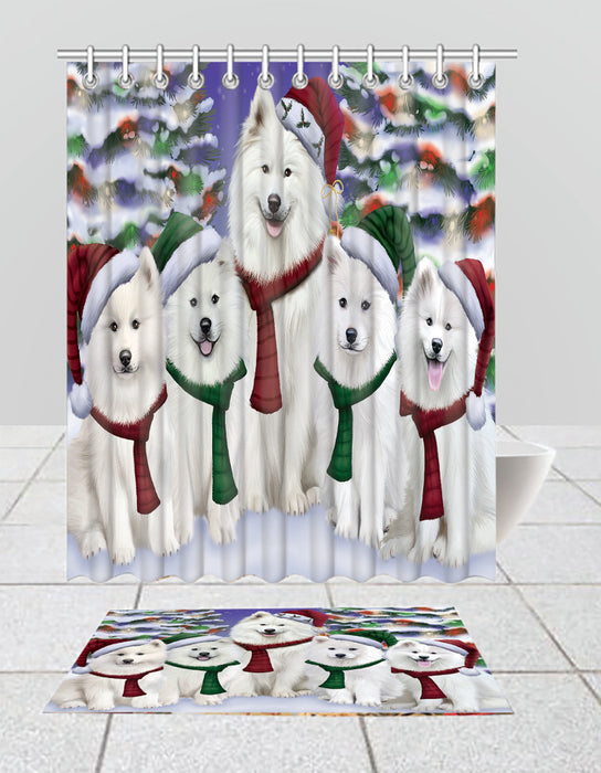 Samoyed Dogs Christmas Family Portrait in Holiday Scenic Background  Bath Mat and Shower Curtain Combo