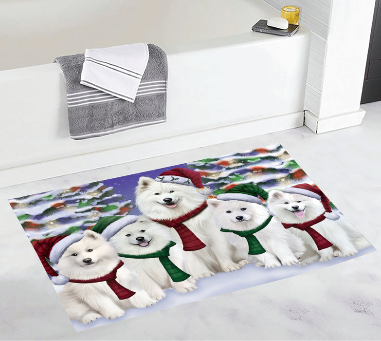 Samoyed Dogs Christmas Family Portrait in Holiday Scenic Background Bath Mat