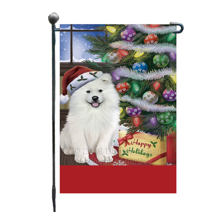 Personalized Christmas Happy Holidays Samoyed Dog with Tree and Presents Custom Garden Flags GFLG-DOTD-A58662