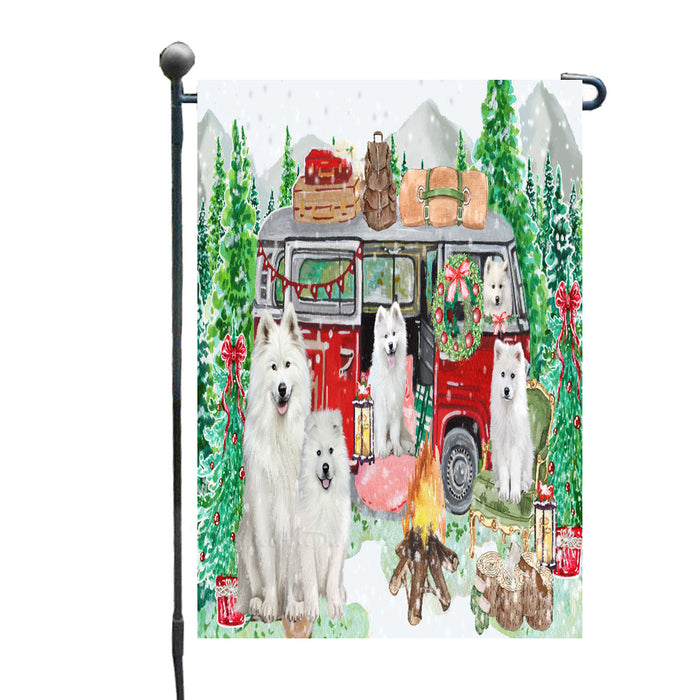 Christmas Time Camping with Samoyed Dogs Garden Flags- Outdoor Double Sided Garden Yard Porch Lawn Spring Decorative Vertical Home Flags 12 1/2"w x 18"h