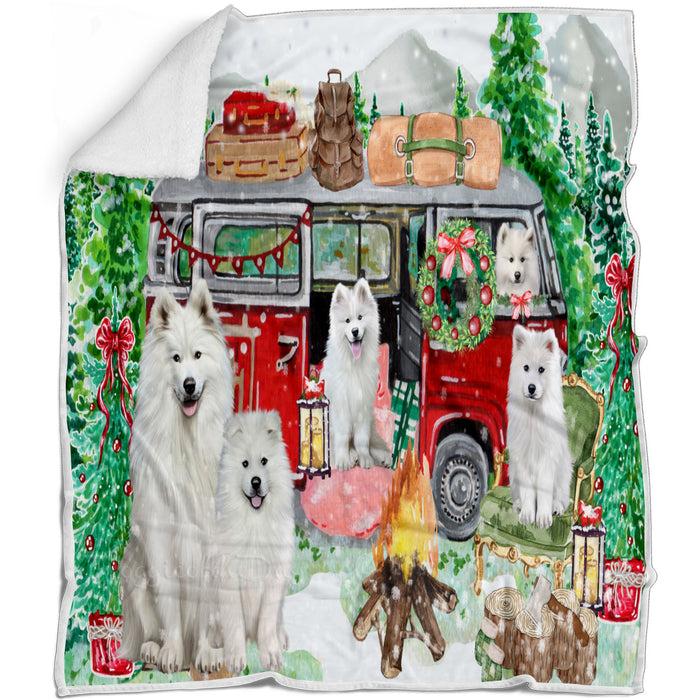 Christmas Time Camping with Samoyed Dogs Blanket - Lightweight Soft Cozy and Durable Bed Blanket - Animal Theme Fuzzy Blanket for Sofa Couch