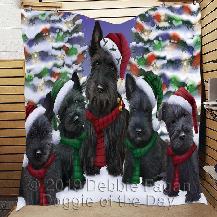 Scottish Terrier Dogs Christmas Family Portrait in Holiday Scenic Background Quilt
