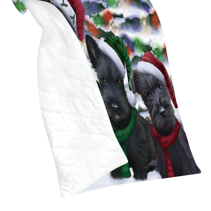 Scottish Terrier Dogs Christmas Family Portrait in Holiday Scenic Background Quilt