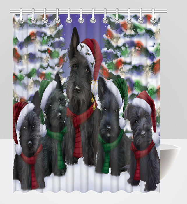 Scottish Terrier Dogs Christmas Family Portrait in Holiday Scenic Background Shower Curtain